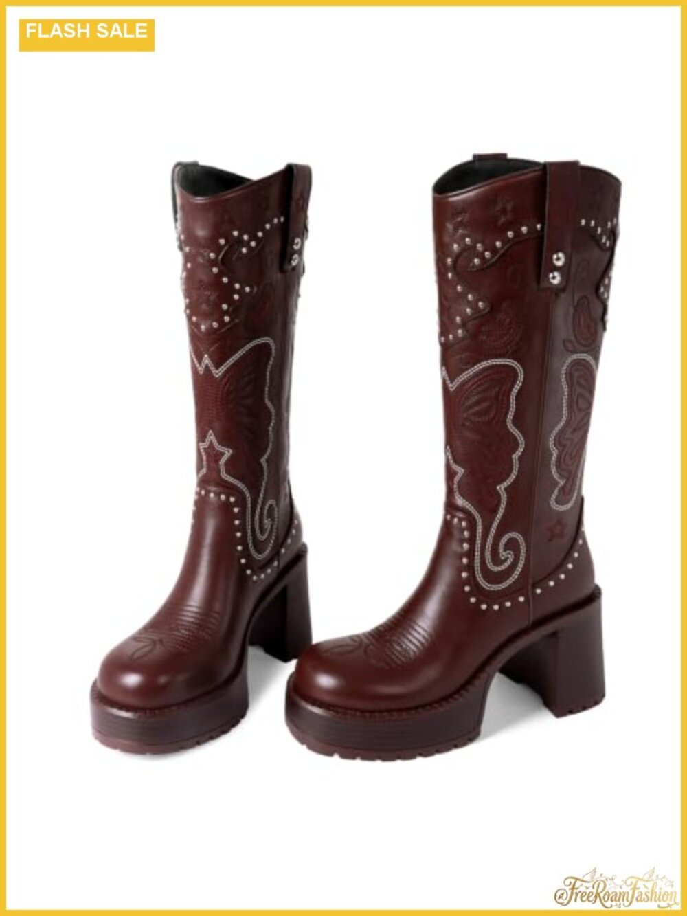 Women's Leather Knee High Western Boots Platform Chunky Heel